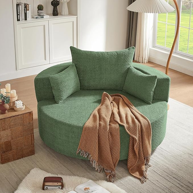 Antetek 360-Degree Swivel Accent Chair Oversized Modern Comfy Chenille Round Swivel Chaise Lounge Sofa Chair with Backrest Cushion &amp 2 Throw Pillows for Living Room Bedroom Office Green