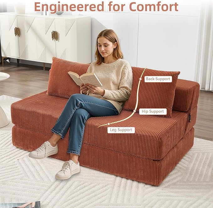 GNIXUU Fold Out Couch 3-in-1 Convertible Futon Sofa Bed with 2 Pillows Corduroy Foldable Floor Chair Boneless Loveseat Couches for Living Room Bedroom Small Spaces Orange
