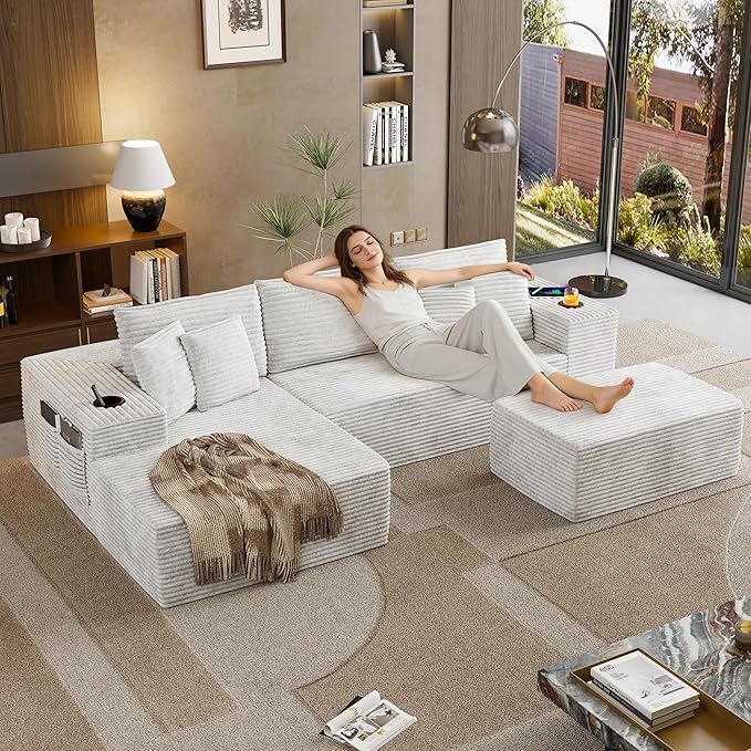 104.3 Modular Sectional Sofa with Ottoman Beige Boneless Couch Left Facing Chaise U Shaped Couches with USB Ports 2 Cup Holders 2 Storage Bags &amp Lint Remover No Assembly Sectional Couch