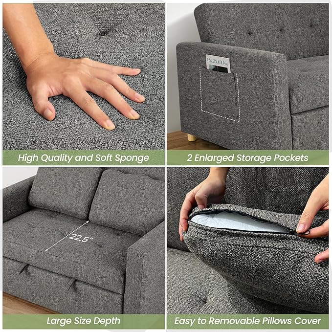 SEJOV Sleeper Sofa Bed 3-in-1 Convertible Sofa Chair Linen Fabric Pull Out Couch Bed Loveseat Sleeper with Spring Support Adjustable Backrest 2 Seater Recliner Chair for Small Space Dark Grey