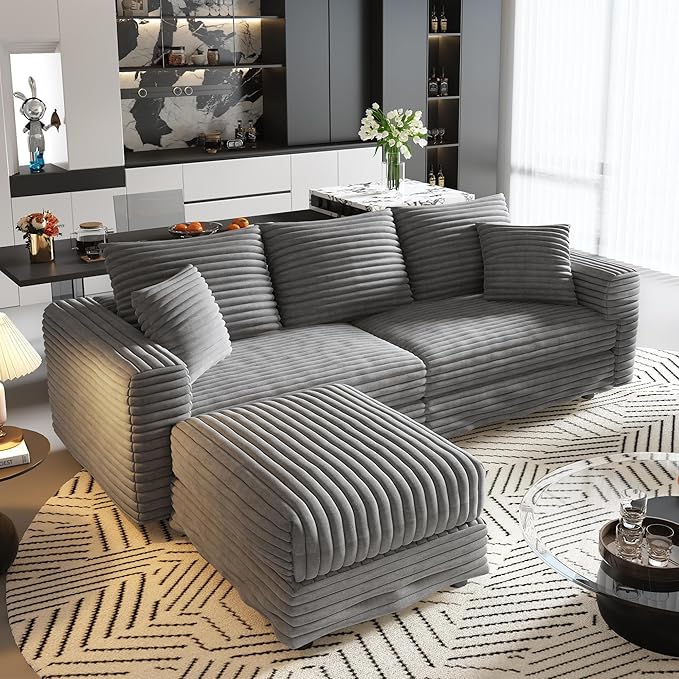 Cloud L Shaped Couch Modular Sectional Sofa 3 Seater Corduroy Cloud Sofa Couch with Ottoman 82.7'' Oversized Chaise Lounge Sleeper Sofas Deep Seat Sectional Couches for Living Room Grey