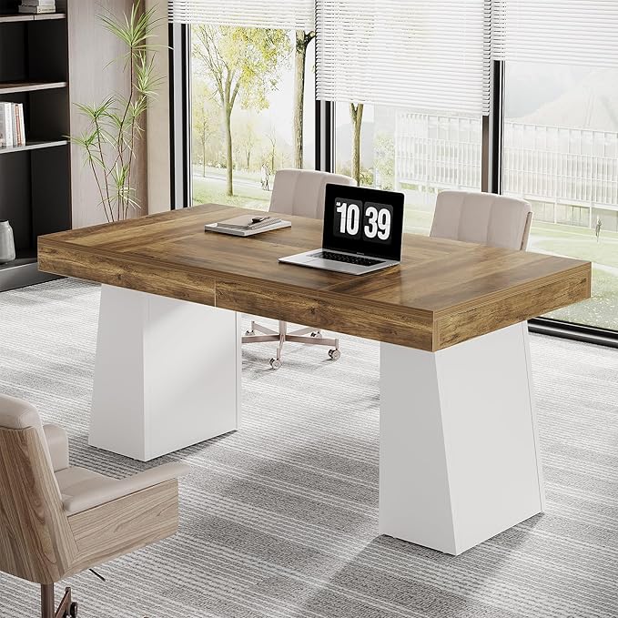 Tribesigns 55 Inches Executive Desk Mid-Century Modern Home Office Desk Wood Computer Table Business Workstation Small Conference Table White &amp Brown