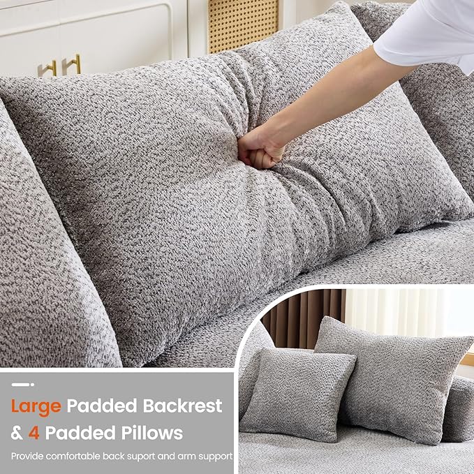 126” Oversized Curved Sectional Sofa L Shaped Chenille Boneless Couch with Deep Seat &amp 7 Pillows for Living Room Bedroom No Assembly Required (Grey)