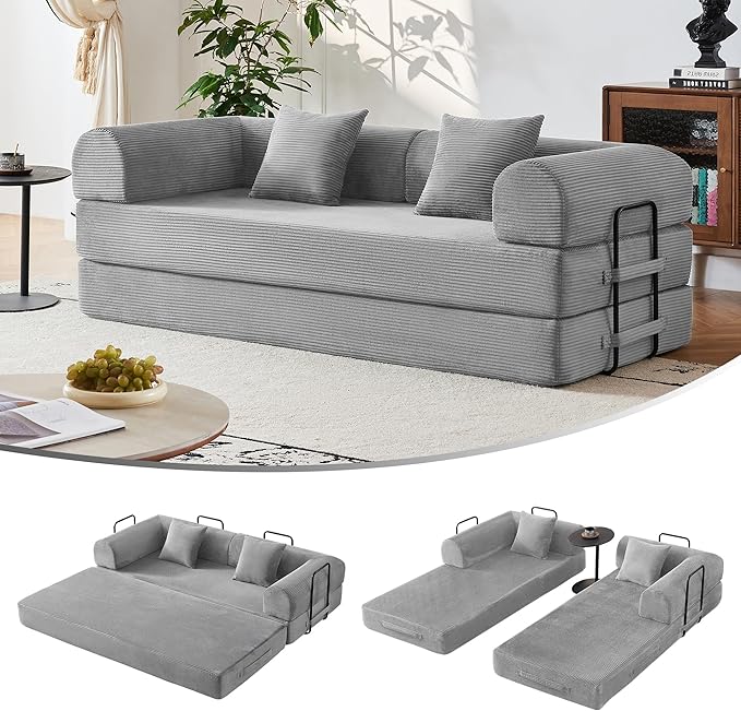 79'' Convertible Sofa Bed 5-in-1 Folding Corduroy Sleeper Couch with Pull Out Bed Oversized Modular Floor Sofa No Assembly Space-Saving Guest Bed for Apartment Living Room Bedroom (Light Gray) | C