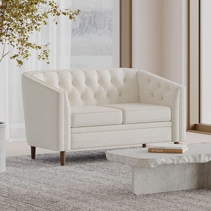 Beige Loveseat Sofa Tufted Fabric 2-Seater Curved Tub Design with Button Detailing and Birch Wood Legs Contemporary Living Room Lounge Chair