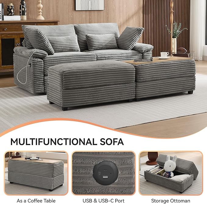 75 Corduroy Loveseat with Storage Ottoman Cloud Deep Seat Couch with Convertible Ottoman Coffee Table &amp USB Double Chaise Lounge for Living Room Grey
