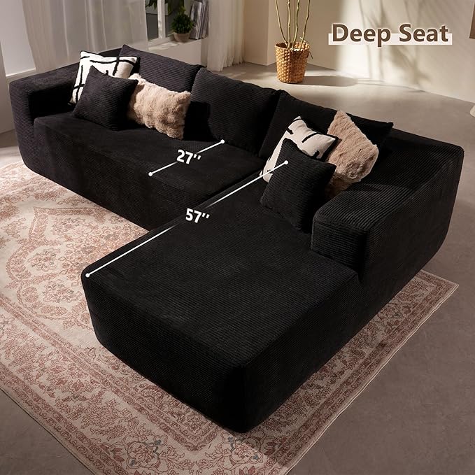 106 Modular Cloud Sectional Sofa Couch - L Shaped Lounge Couches for Living Room with ChaiseMdoren Minimalist Sleeper SofaDeep SeatNo Assembly Required (BlackCorduroy Right Facing Chaise)