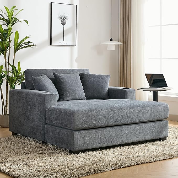 55 Oversized Chaise Lounger Modern Style Sofa Couch with Pillows Charge Station &amp Cup Holders Chenille Fabric Blue Gray