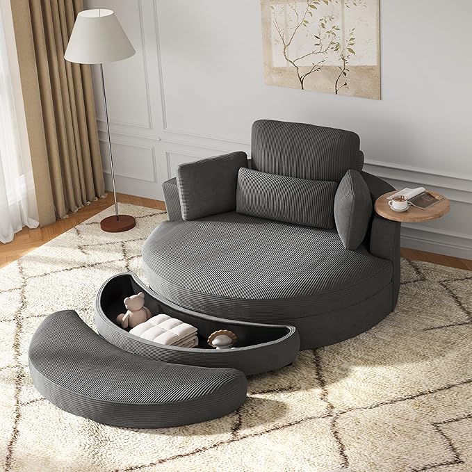 DEINPPA 51'' Accent Swivel Barrel Chair with Storage Ottoman Modern Oversized Round Leisure Sofa Chaise with Tray Pillows Corduroy Upholstered Lounge Chair for Bedroom Living Room Hotel Club Gray