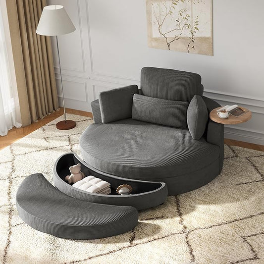 DEINPPA 51'' Accent Swivel Barrel Chair with Storage Ottoman Modern Oversized Round Leisure Sofa Chaise with Tray Pillows Corduroy Upholstered Lounge Chair for Bedroom Living Room Hotel Club Gray