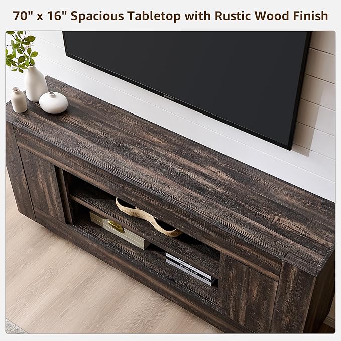 OKD Modern 70 TV Stand Entertainment Center for TVs Up to 80 Media Console with Large Open Storage &amp Side Cabinets Thick Wood Design for Living Room Dark Rustic Oak