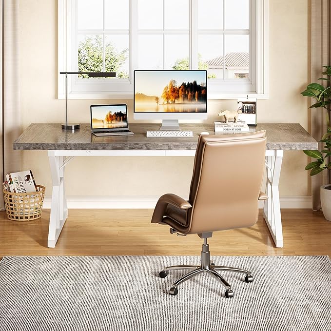 LITTLE TREE 70.8-Inch Large Executive Desk Modern Computer Office Desk Wooden Writing Desk Study Table for Home Office Grey-White