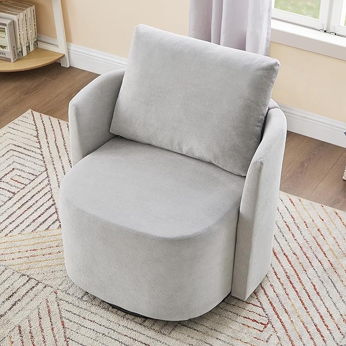 360° Swivel Chair Modern 29.9 Accent Barrel Armchair Single Sofa Armchair with Curved Design and Side Pockets Upholstered Swivel Sofa Chair for Living Room Bedroom Office and Hotel (Grey/437)