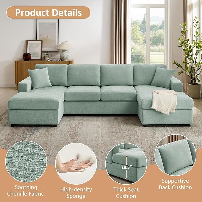 VANOMi 118'' U Shaped Sectional Sofa 4 Seat Modern Sectional Couch Double Chaise Longue Cozy Chenille Sofa Couches for Living Room Apartment Mint