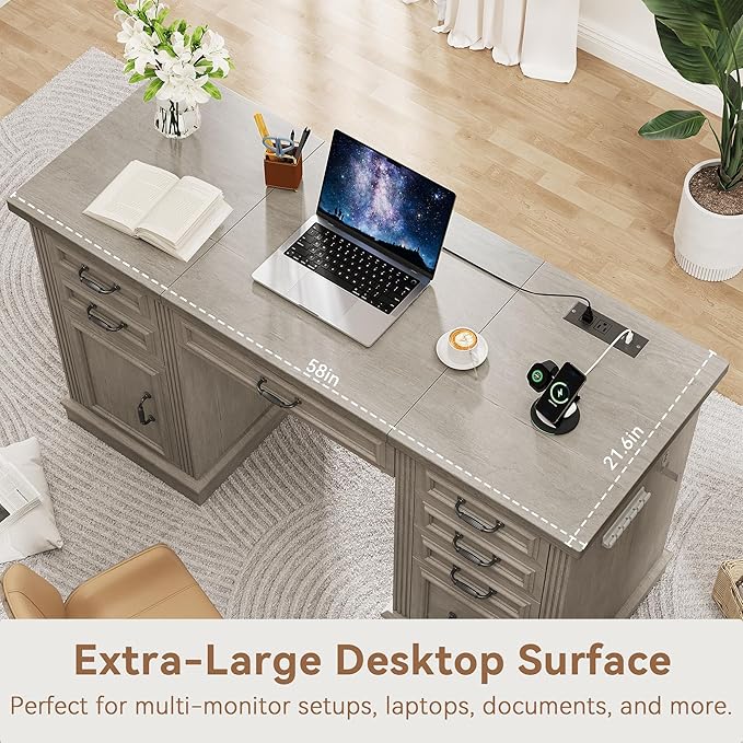 Farmhouse 57 Lift Up Executive Desk with 5 Drawers and Charging Station Wood Home Office Computer Desk with File Cabinet Storage Keyboard TrayHeadphone Hook for WorkStudy (Grey)