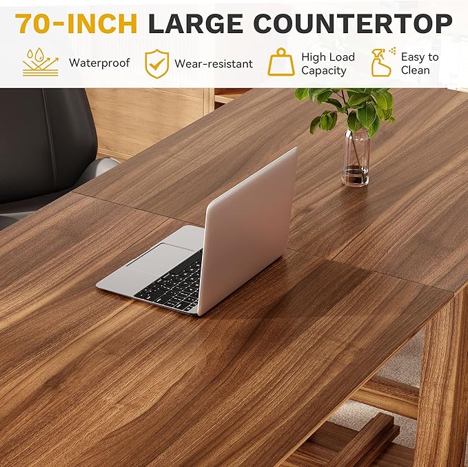 DWVO 70 Inch Computer Desk Large Executive Office Table Workstation Modern Farmhouse Style Laptop Wooden Sturdy Legs Writing Desk Business Furniture for Home Dark Walnut