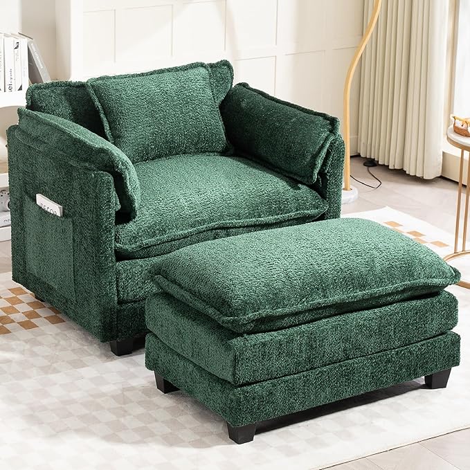 KEIKI Boucle Accent Chair with Storage &amp Ottoman Oversized Reading Arm Chair w/Double Cushion Modern Side Deep Seating Chairs Set Corner Comfy Lounge Armchair for Living Room Bedroom Dark Gre