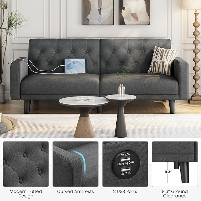 Yaheetech 63 Convertible Couch Small Futon Sofa Bed with 2 USB Ports Reclining Backrest &amp Removable Armrests Mid Century Modern Loveseat for Living Room Apartment Office Dark Gray