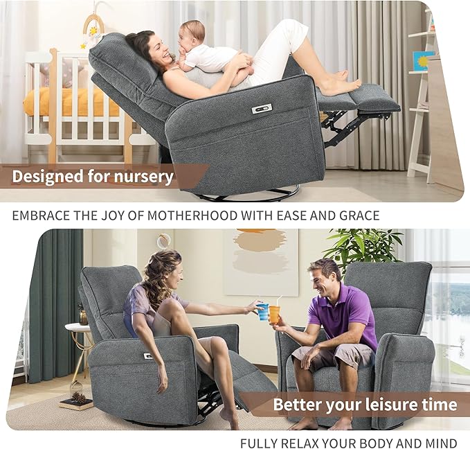 270° Power Swivel Rocker Recliner Chair for Adults – Electric Reclining Small Sofa Chair with Smooth Rocking &amp Rotation Comfortable Single Recliner for Living Room Bedroom (Dark Gray)