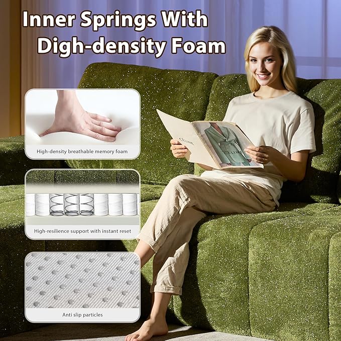 114 in Modular Sectional Sofa Plush Fabric with Silver LuminousBoneless L-Shaped Couch with Chaise for Living Room with Deep Seat No Assembly Required Sofa (Green Left Chaise)