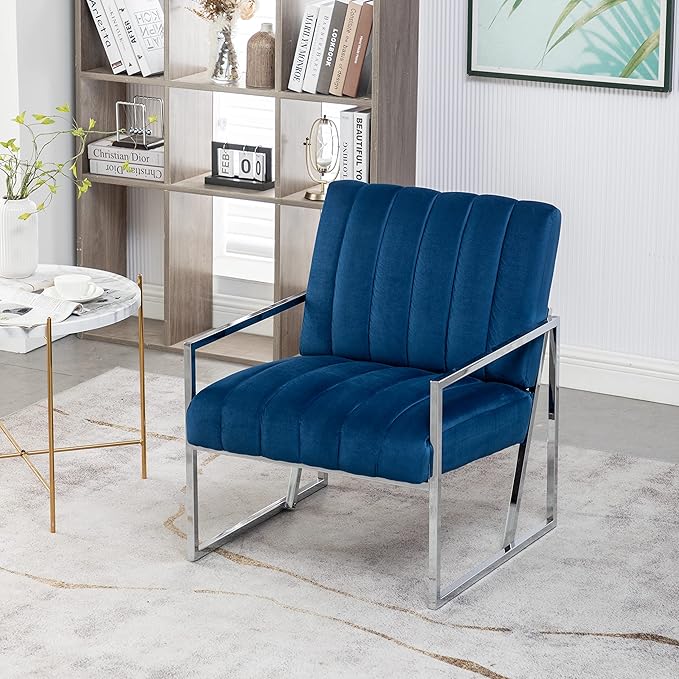 Generic Velvet Vertical Stripe Armchair Gold Metal Frame Accent Chair Suitable for Living Room BedroomBlue