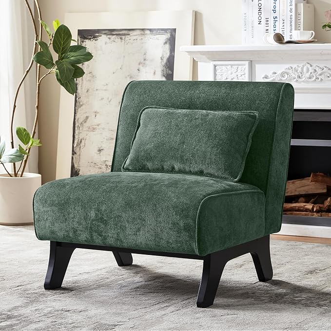 Upholstered Armless Accent ChairModern Comfy Living Room Chairs with Wooden Legs&amp PillowsLounge Sofa Side Chair for Bedroom Farmhouse Reading (Green 1 PC)