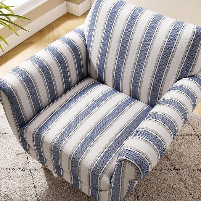 VANOMi Mid-Century Accent Chair with Stripe Pattern Modern Linen Fabric Armchair with Wood Legs Club Chair for Living Room Comfy Upholstered Side Chairs for Bedroom Reading Small Place (Navy)