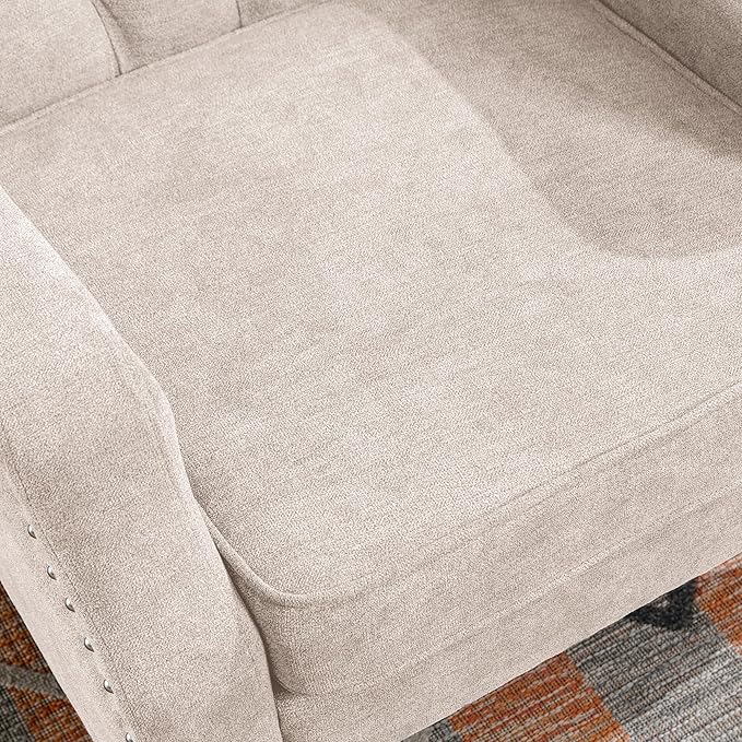 Beige Accent Chair Living Room Chair Footrest Chair Set with Vintage Brass Studs Button Tufted Upholstered Armchair for Living Room Comfy Reading Chair for Bedroom Reception Room