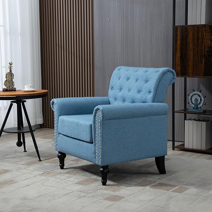 Mid Century Modern Accent Chair Linen Armchair wTufted BackWood Legs Upholstered Lounge Arm Chair Single Sofa for Living Room BedroomLight Blue