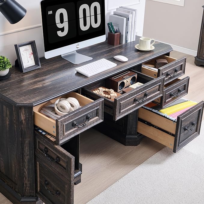 RedLemon 60 Executive Desk with DrawersWood Home Office Desk Featuring Keyboard TrayCharging StationFile Drawer Storage Cabinetfor Work and Study (Dark Rustic Oak)
