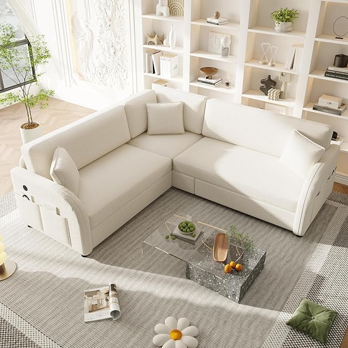 85.1 Sectional Sleeper Sofa with Pull Out Bed Comfy Teddy L Shaped Convertible Sleeper Couch Oversized Modern Modular Deep Seat Cloud Couches with USB Ports for Living Room Beige White