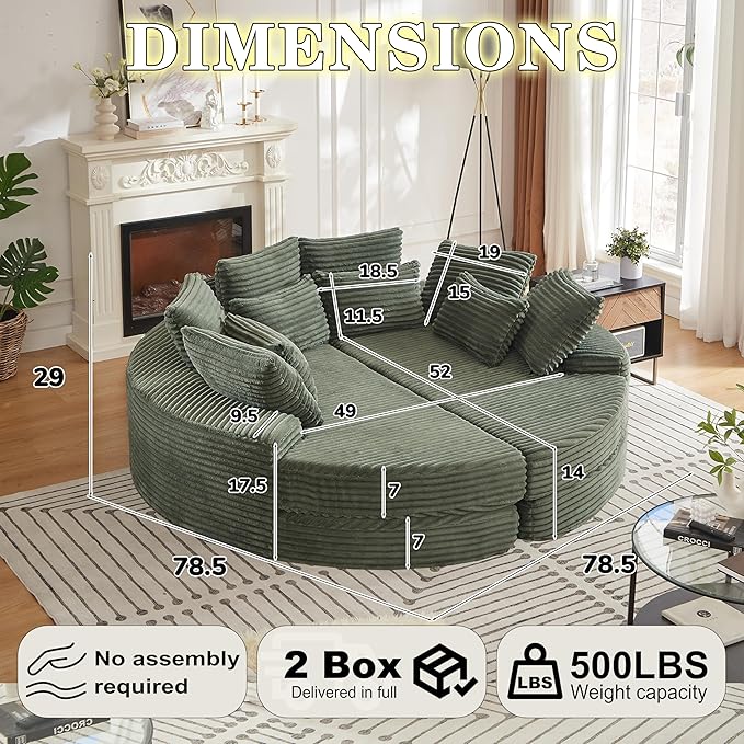 78.5 Corduroy Boneless Round Oversized Sofa Converts into Two Recliners 2-in-1 Sofa Bed Convertible Lounge Chair Neck Pillow Design with Five Throw Pillows (Green Full Circular Sofa)
