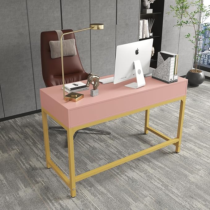 WESTREE Women Makeup Vanity Desk with 2 Drawers - Bedroom Home Office Desk Wooden Height Monitor Stand &amp Storage Shelf Without Mirror Pink Table Great Gift for Her