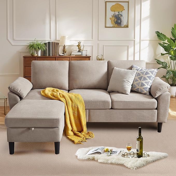Convertible Sectional Sofa Couch with Ottoman 79 Modern L Shaped 3 Seat Sofa Linen Fabric Small Sectional Couch with Movable Storage Ottoman for Small Spaces Living Room (Beige)