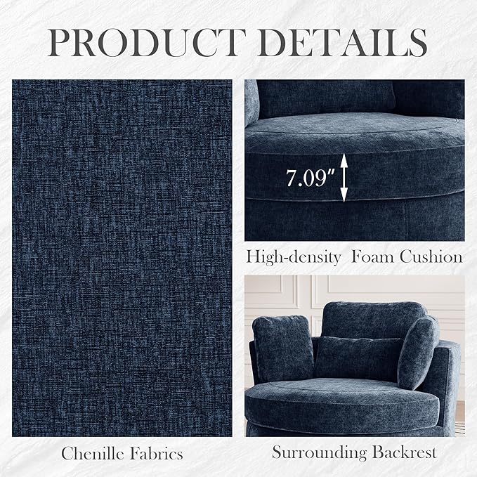 Aoiy &amp Wifon 50'' W Oversized Swivel Barrel Chair Navy Swivel Accent Chair for Living Room Round Oversized Arm Chair with 4 Pillows Deep Seat &amp Extra Wide Chenille