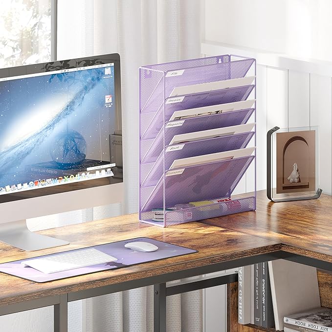 EasyPAG 5 Tier Wall File Holder Mesh Hanging Folder Organizer with Classify Label Versatile Desk File Holder Vertical Wall Mounted Mail Organizer for Office Home Cubicle Purple