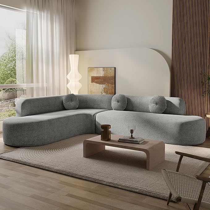122'' Extra Large Sectional Sofa Fully Compressed Sponge Elegant Curved Design with Three Round Cushions Soft Fabric Upholstery High-Resilience Foam for Ultimate Comfort Grey