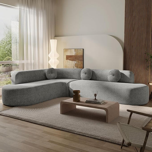 122'' Curved Design Sectional Sofa Extra Large Sectional Sofa Soft Fabric Upholstery 5-Seater Sectional Couches with Three Round Cushions High-Resilience Foam for Ultimate Comfort (Grey/019)