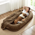 Human Dog Bed for Adult - Luxury Faux Fur Giant Size Dog Bed with Portable Handle Egg Orthopedic Foam with Blanket 72x40x10 Brown