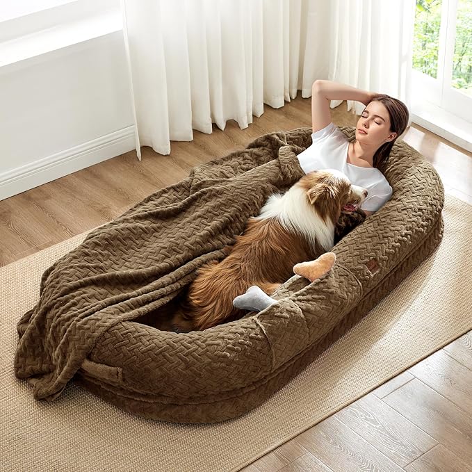 Human Dog Bed for Adult - Luxury Faux Fur Giant Size Dog Bed with Portable Handle Egg Orthopedic Foam with Blanket 72x40x10 Brown