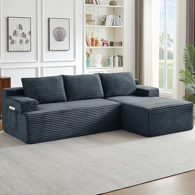 Modern Corduroy Modular Sectional Sofa96.1 Minimalist Style L-Shaped 3 Seat Couch with Side Storage PocketsComfortable Chaise Lounge For Living RoomReception AreaDark Grey Right Chaise Lounge
