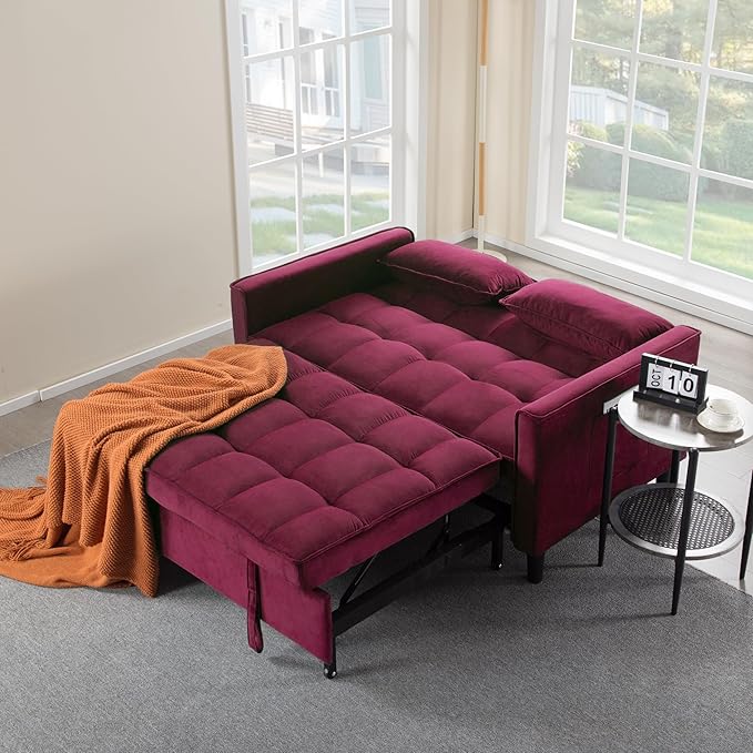 3 in 1 Convertible Sofa Bed Love Seat Sleeper Bed with Side Pockets Velvet Fabric Pull Out Couch with Adjustable Backrest for Living Room Bedroom Apartment Purplish-Red