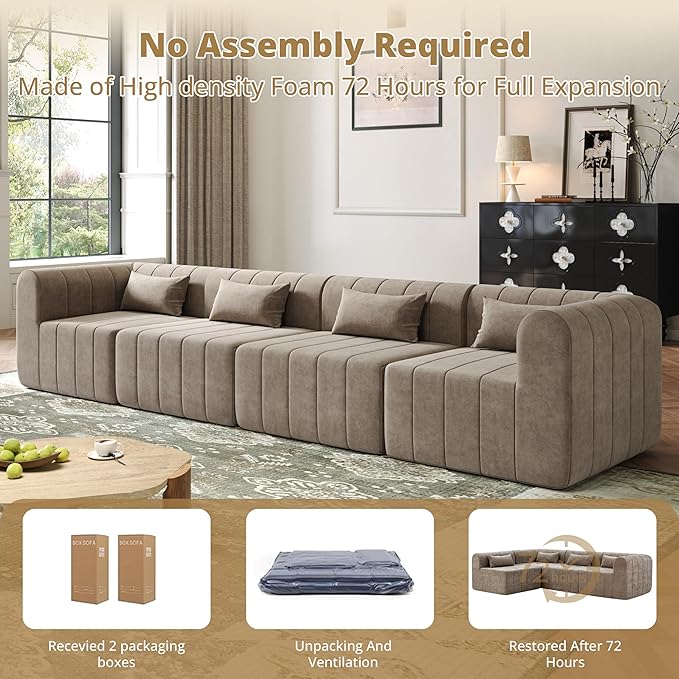 Christopher Knight Home Flarin 145.5 Convertible Sectional Sofa Couch L-Shape Home Sofa Living Room 4 Seat Sectional Sleeper Sofa Fabric Upholstered Comfy Cloud Couch No Assembly Light Brown