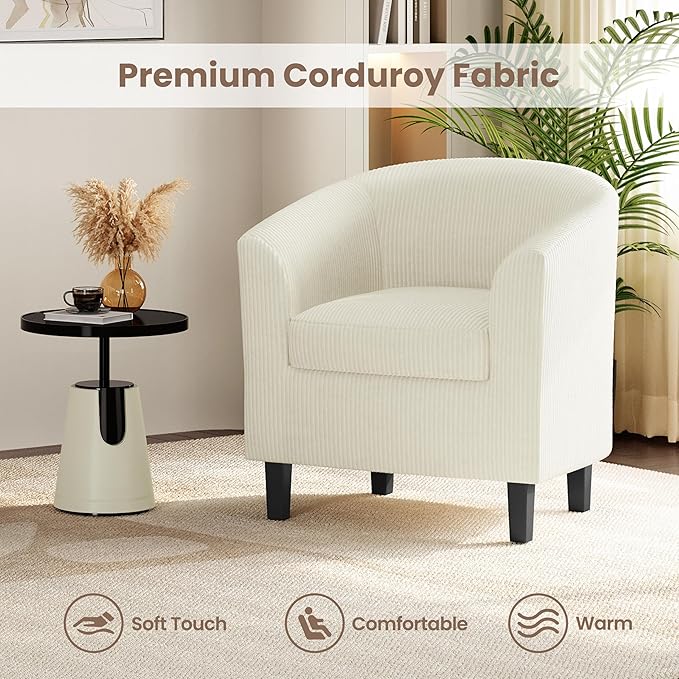 Yaheetech Corduroy Barrel Chair Upholstered Club Accent Chair Round Armchair with Soft Cushion for Living Room Bedroom Reading Waiting Room Beige