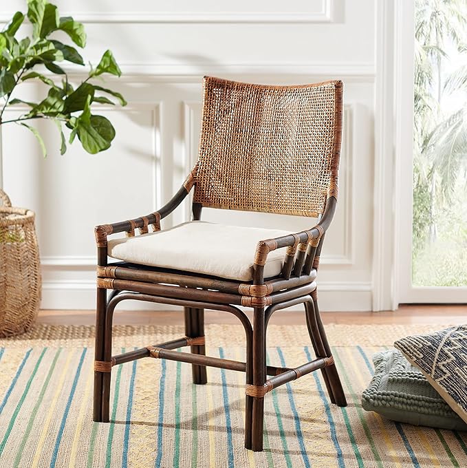 SAFAVIEH Home Collection Donatella Natural Wash/White Cushion Living Room Dining Room Bedroom Office Foyer Rattan Chair