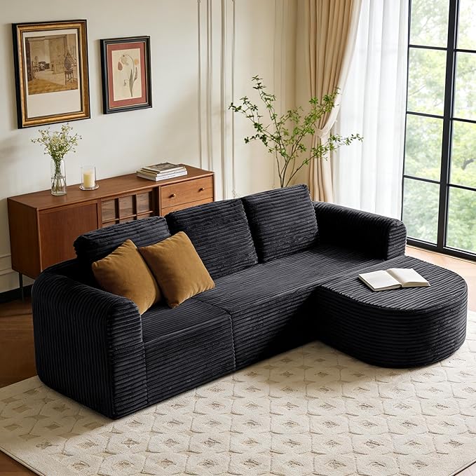 108” Modular Sectional Sofa Boneless Couches for Living Room Deep Seat L-Shape Cloud Couch with ChaiseComfy Sofa Freely Change Configurations No Assembly RequiredSoft Plush Corduroy Fabric(Black)