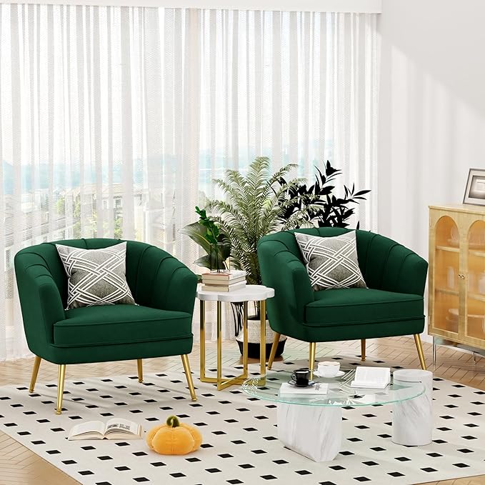 Velvet Accent Chairs for Living Room Bedroom Office - Upholstered Single Sofa Arm Chair with Metal Legs Green