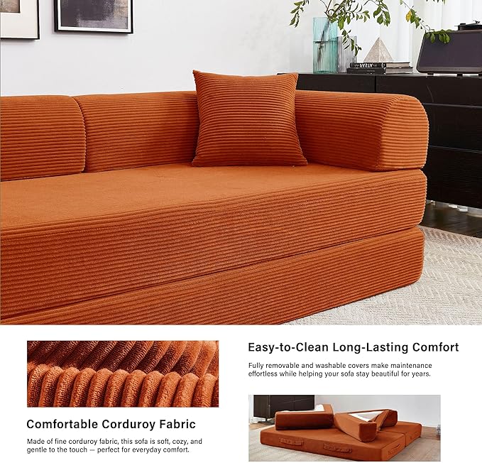 79 5-in-1 Folding Convertible Sofa Bed Oversized Corduroy Futon Floor Couch with Pull-Out Sleeper Modular Boneless Loveseat for Small Spaces Living Room Bedroom (Orange)