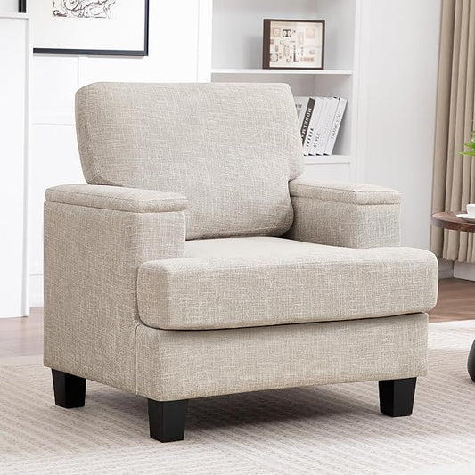 Beige Accent Chair with Armrest Storage Modern Upholstered Reading Living Room Chairs Comfy Large Armchair Fabric Single Sofa Chair for Bedroom