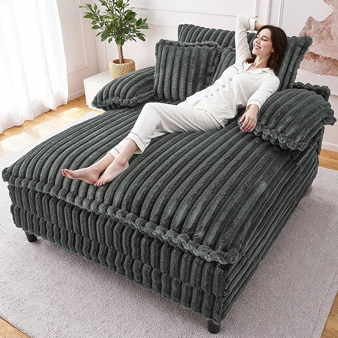 55 W Oversized Chaise Lounge Sofa Couch with 5-Position Adjustable Backrest Plush Sleeper Chair Sofa Bed Reading Chair ‌with Deep Seat Cloud Couches for Living Room Bedroom Dark Grey